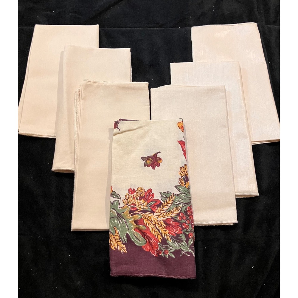 Lot of Cloth Napkins 7pc Cream Burgundy Harvest Autumn Floral 17x17